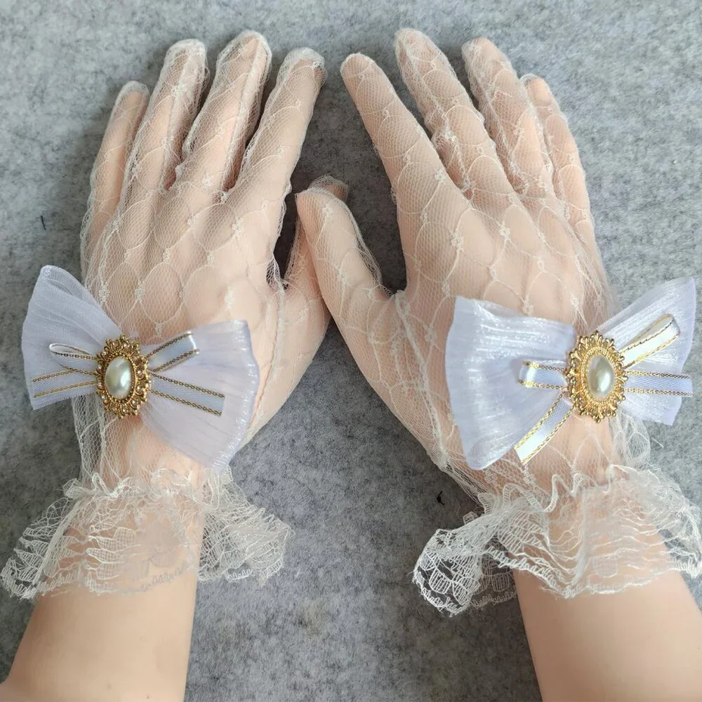 Women's Hand Sleeve White Bow Lace Gloves Wedding Halloween Costume Party Prom